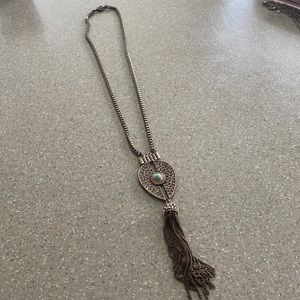 Bronze long necklace with turquoise pendant